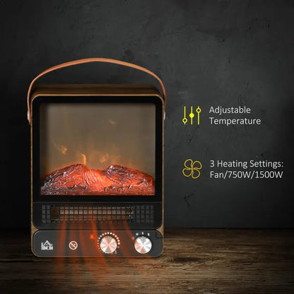 Tabletop Electric Fireplace with Handle, Freestanding Heater Realistic Flame Effect, Overheat Protection 750W/1500W Dark Walnut