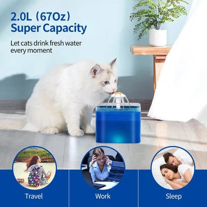 Cat Small Dog Waterfall Water Drinking Fountain Bowl 67oz/2L Ultra Quiet Pump With LED Light Three Ways To Drink Automatic