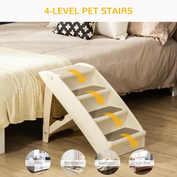 Foldable Doggy Steps Pet Stairs 4-Step For Cats Small Dogs Non-slip Mats 62 x 38 x 49.5 cm, Beige