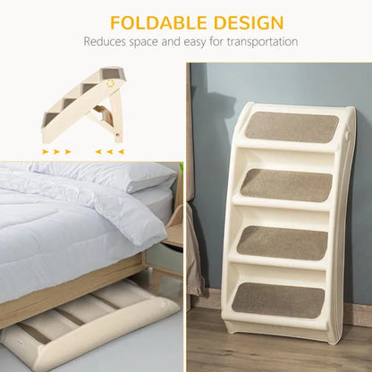 Foldable Doggy Steps Pet Stairs 4-Step For Cats Small Dogs Non-slip Mats 62 x 38 x 49.5 cm, Beige