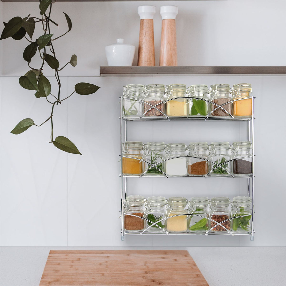 Maison & White 3 Tier Herb & Spice Rack | Chrome Stainless Steel | 34x33x7cm | Non-Slip Feet | Wall-Mountable | Free-Standing | Kitchen Counter Cupboard | Minimalist Wire Design | 2-Year Warranty