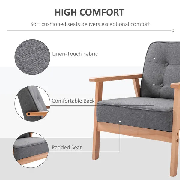 Retro Style Minimalistic Wooden Frame Accent Chair With Padded Seat - Dark Grey
