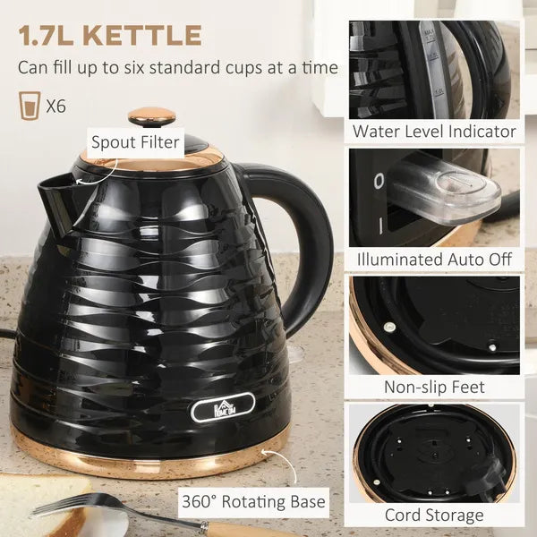HOMCOM Kettle and Toaster Sets, 1600W 1.7L Rapid Boil Kettle & 4 Slice Toaster with 7 Browning Controls, Defrost, Reheat and Crumb Tray, Otter Thermostat,