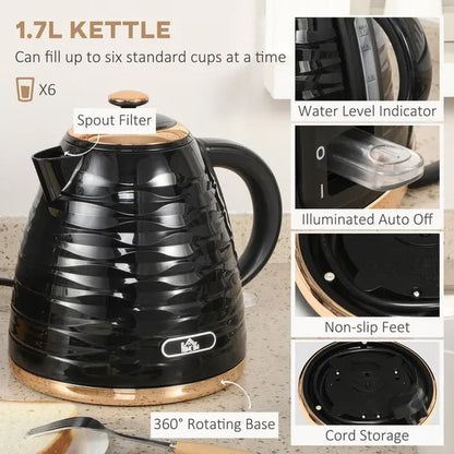 HOMCOM Kettle and Toaster Sets, 1600W 1.7L Rapid Boil Kettle & 4 Slice Toaster with 7 Browning Controls, Defrost, Reheat and Crumb Tray, Otter Thermostat,
