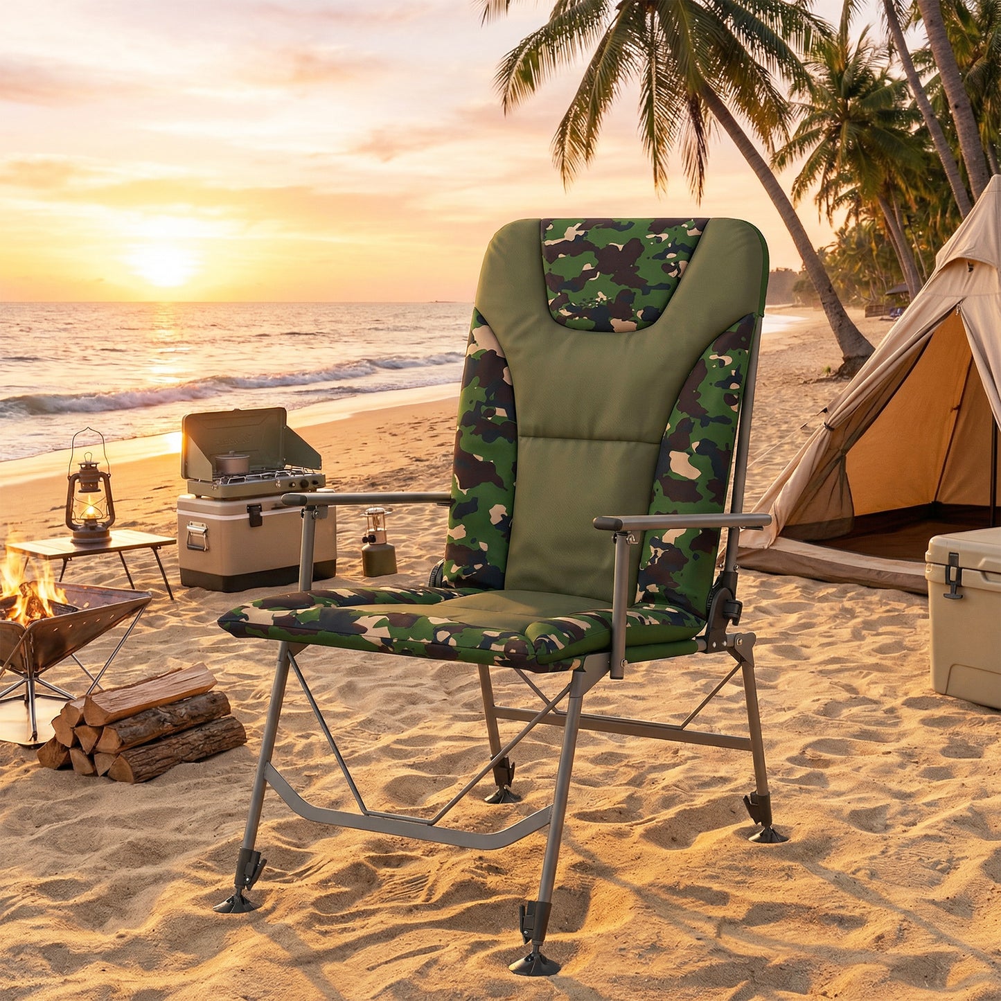 Padded Reclining Camping Chair | 175° Recline | 18D Foam | 600D Oxford | 200kg | Adjustable Height 45-58.5cm | 360° Pivoting Feet | Camouflage