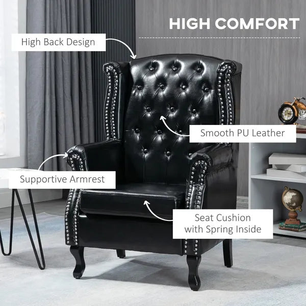 Wingback Accent Chair Tufted Chesterfield Style Armchair with Nail Head Trim for Living Room Bedroom Black