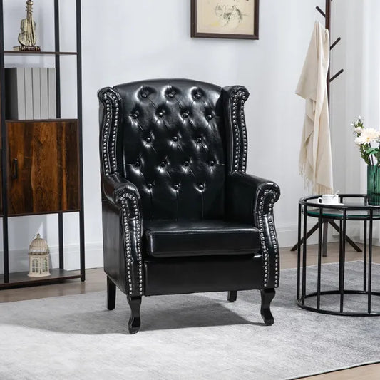 Wingback Accent Chair Tufted Chesterfield Style Armchair with Nail Head Trim for Living Room Bedroom Black