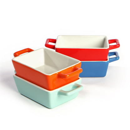 Maison & White Mini Ceramic Oven Dishes Set of 4 Rectangle | Blue Red Orange Green | Carry Handles | Oven Microwave Freezer Dishwasher Safe to 200°C | 4x12x9cm | Casserole Tapas Pie | 2-Year Warranty