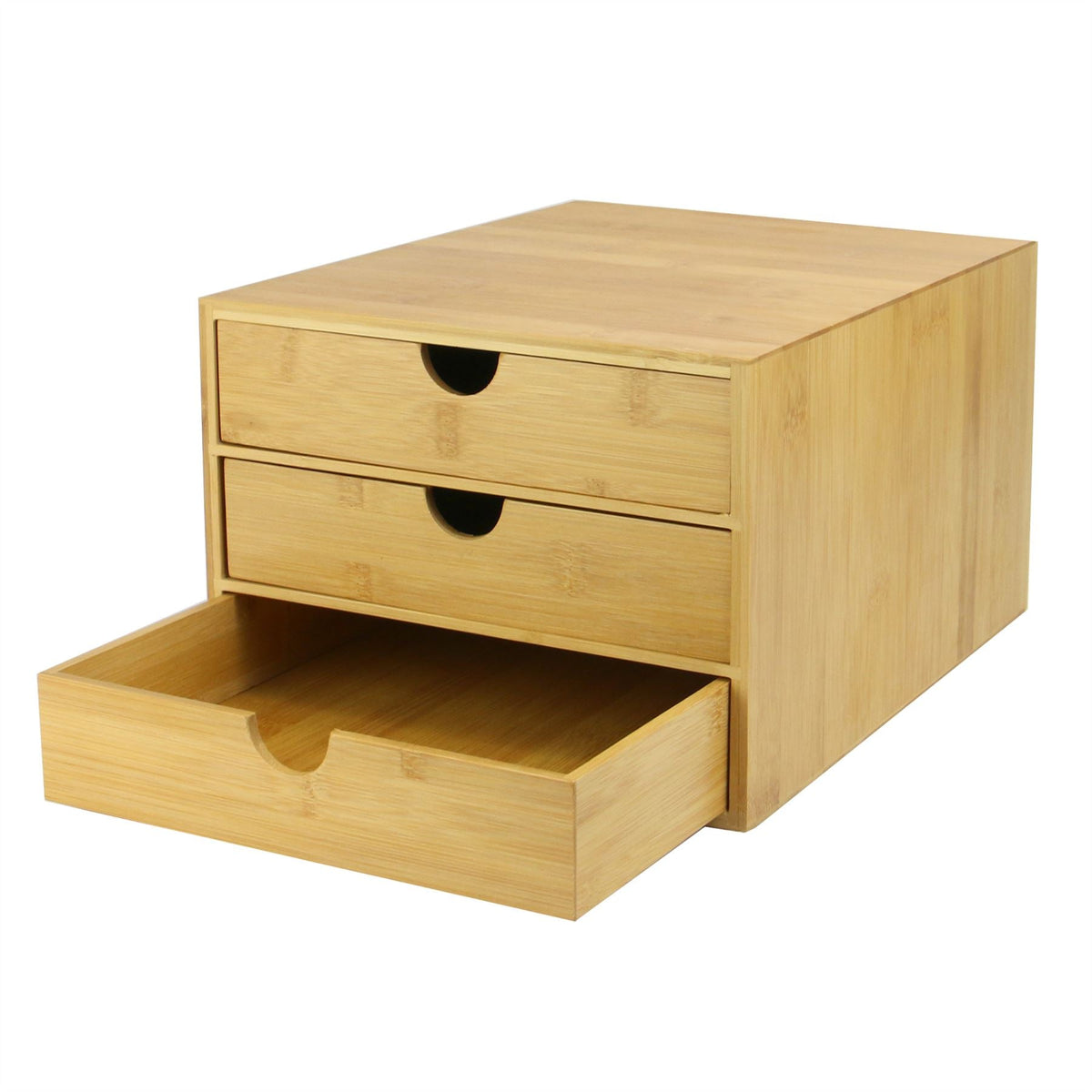 Maison & White Bamboo Desktop Organiser | 3 Shallow Drawers with Finger Pulls | Varnished Stationery & Accessory Storage