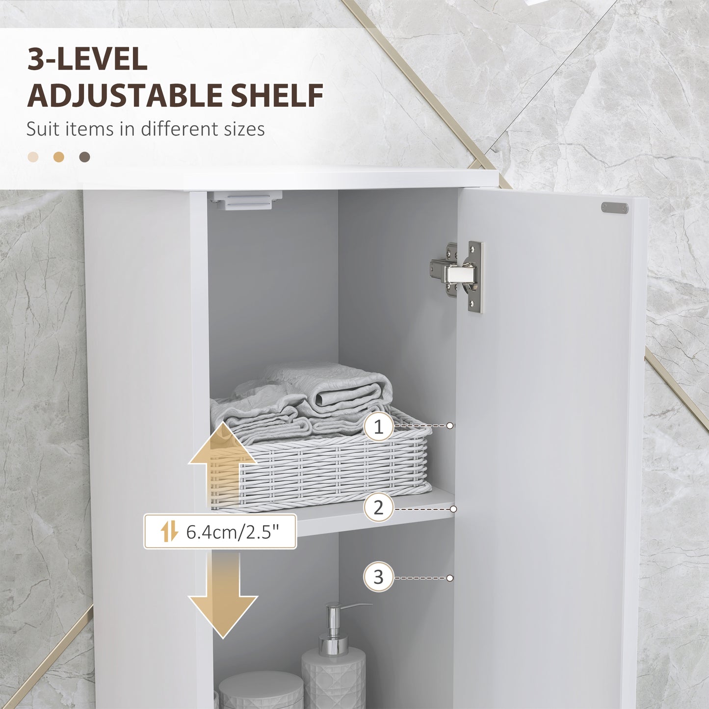Tall Bathroom Storage Cabinet with Doors | Slim Freestanding | Adjustable Shelves | Gold Tone Handles | White