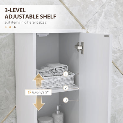 Tall Bathroom Storage Cabinet with Doors | Slim Freestanding | Adjustable Shelves | Gold Tone Handles | White