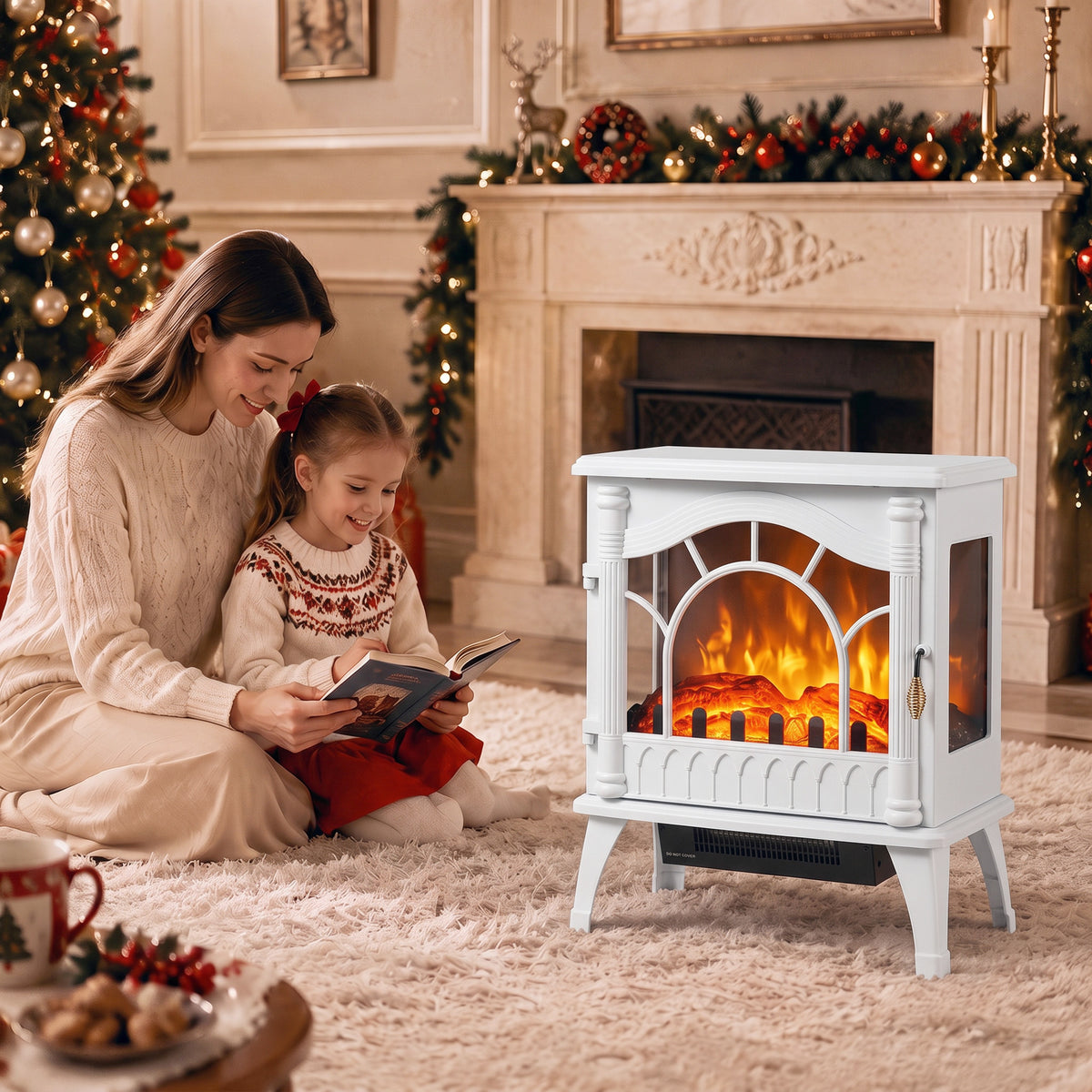 White Electric Fireplace Stove | 3-Sided Glass Flame Effect Fan Heater, 1000W/2000W, 15–30 m² Coverage | Freestanding
