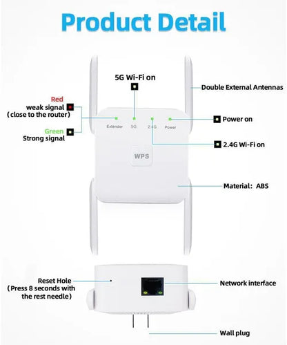 1200Mbps WiFi Repeater 4-Antenna Wi-Fi Amplifier Signal Booster Wireless AP Access Point 2.4GHz 5.8GHz WiFi Range Extender