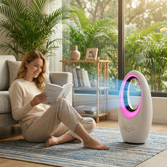 Bladeless Tower Fan | 36dB Quiet | 60° Oscillation | 4-Colour LED | 3 Speeds | 7.5hr Timer | Remote | White