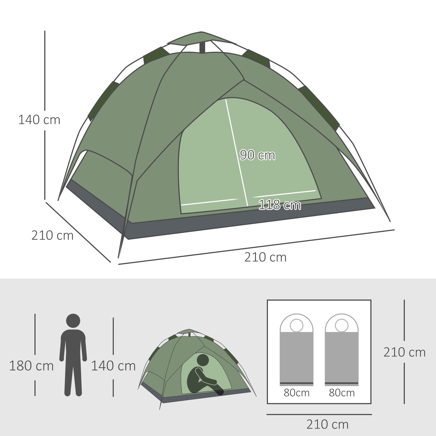 Outsunny 3 Man Pop Up Garden Tent Camping Gazebo 210W x 210L x 140H Cm  Dark Green