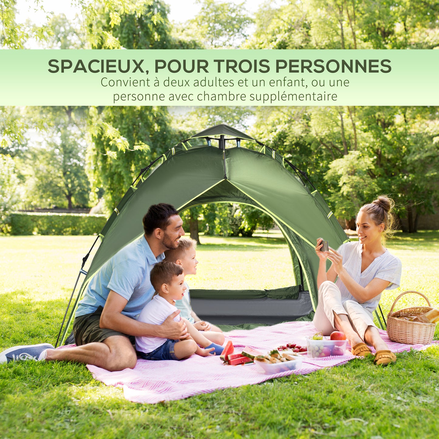 Outsunny 3 Man Pop Up Garden Tent Camping Gazebo 210W x 210L x 140H Cm  Dark Green