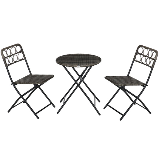 Outdoor Balcony Lawn Pool Patio Garden Rattan Wicker Bistro Set + Easy Folding Hand Woven Rattan Coffee Table + Chairs / Grey