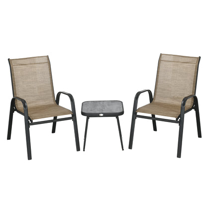 Outdoor Bistro Set, 3 Piece Patio Stackable Armchairs with Breathable Mesh Fabric and PSC Board Coffee Table, Brown
