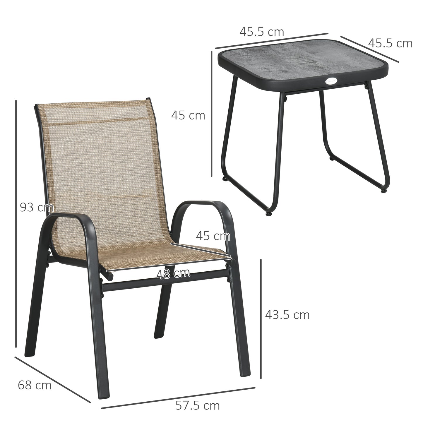 Outdoor Bistro Set, 3 Piece Patio Stackable Armchairs with Breathable Mesh Fabric and PSC Board Coffee Table, Brown