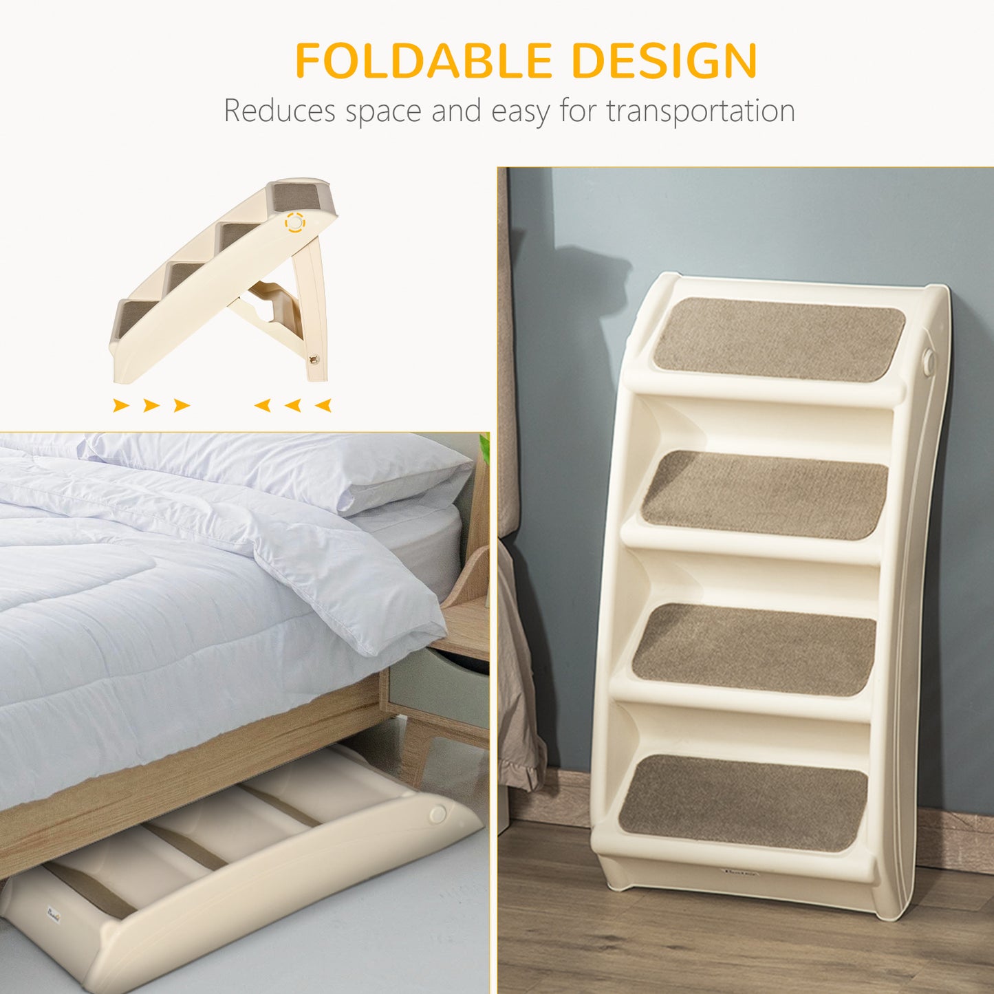 Foldable Doggy Steps Pet Stairs 4-Step For Cats Small Dogs Non-slip Mats 62 x 38 x 49.5 cm, Beige