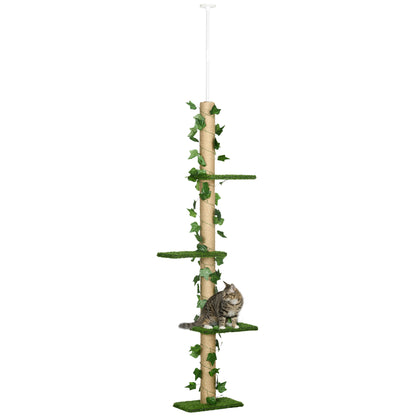 Floor to Ceiling Cat Tree, Height Adjustable Kitten Tower with Anti-slip Kit, Green 242cm