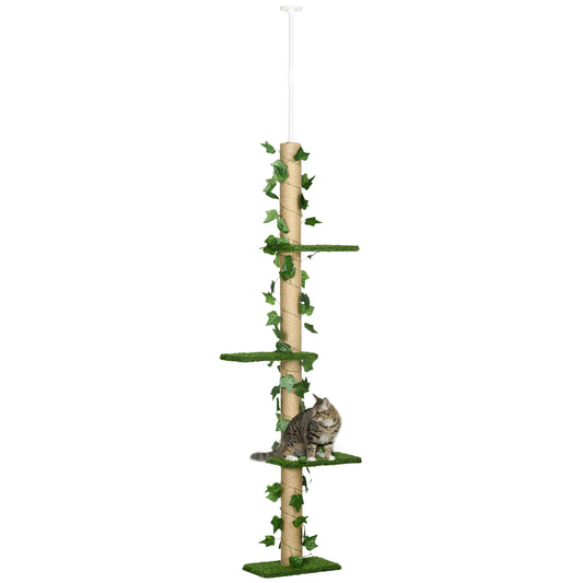 Floor to Ceiling Cat Tree, Height Adjustable Kitten Tower with Anti-slip Kit, Green 242cm