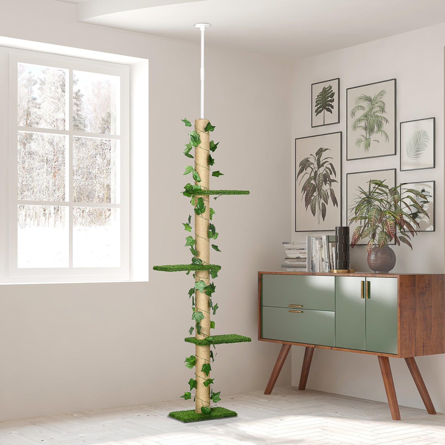 Floor to Ceiling Cat Tree, Height Adjustable Kitten Tower with Anti-slip Kit, Green 242cm