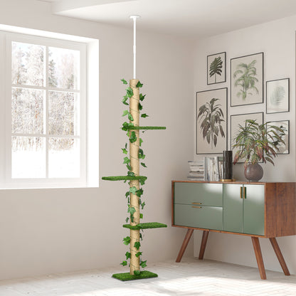 Floor to Ceiling Cat Tree, Height Adjustable Kitten Tower with Anti-slip Kit, Green 242cm