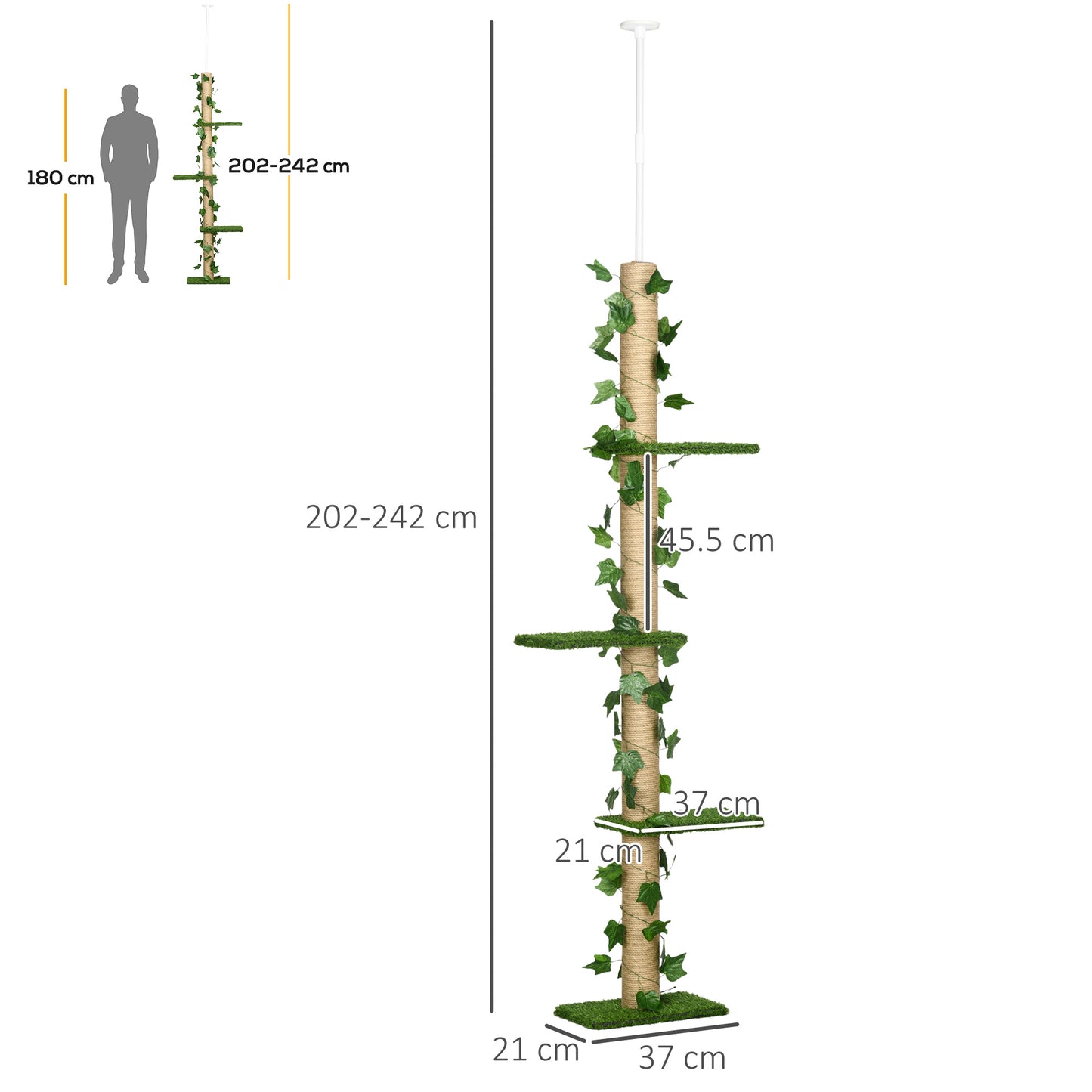 Floor to Ceiling Cat Tree, Height Adjustable Kitten Tower with Anti-slip Kit, Green 242cm