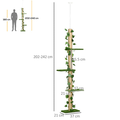 Floor to Ceiling Cat Tree, Height Adjustable Kitten Tower with Anti-slip Kit, Green 242cm