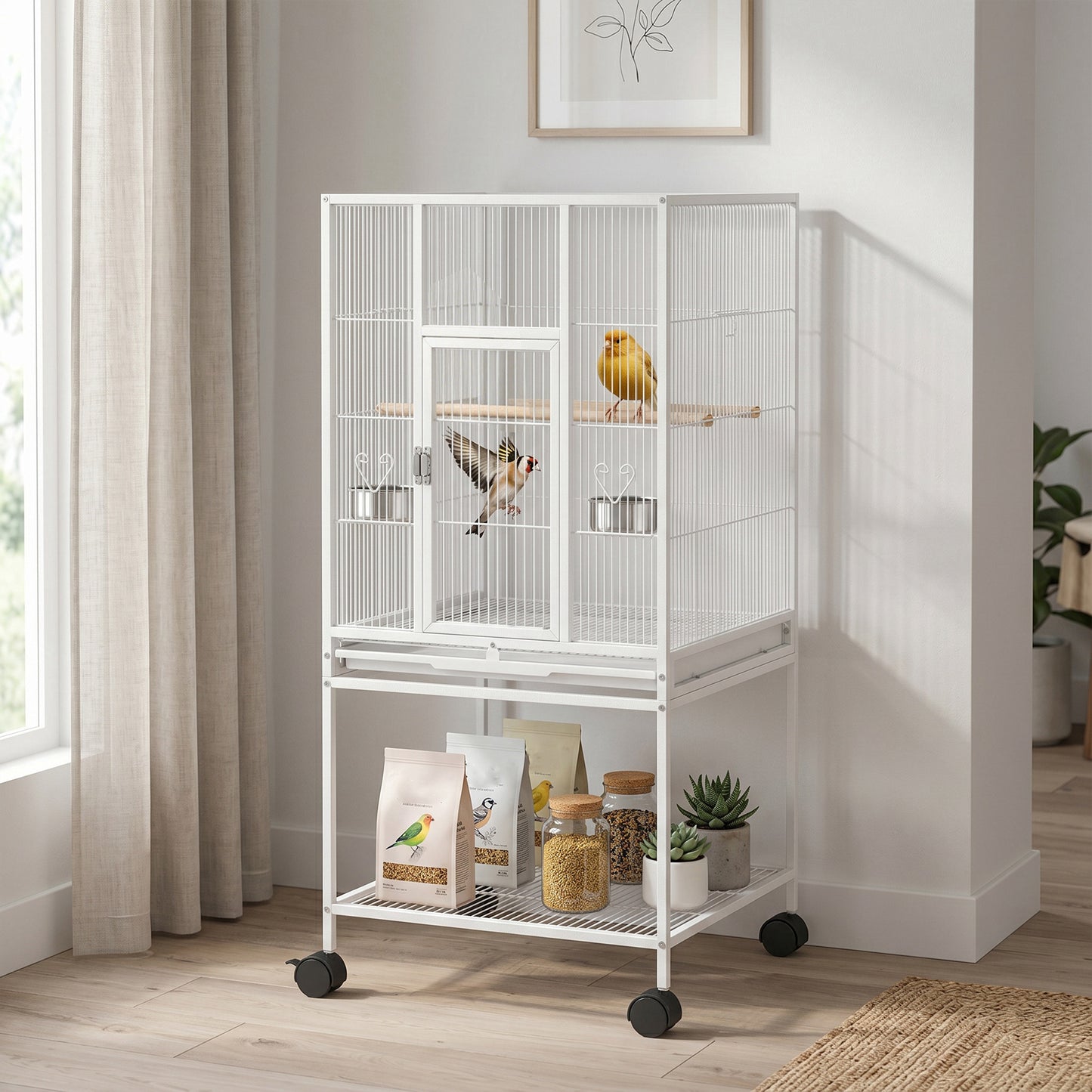 PawHut Bird Cage with Rolling Stand | Storage Shelf | Slide-Out Tray | 4 Feeder Doors | 2 Perches & Feeders | White
