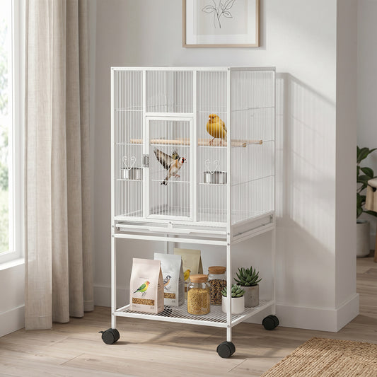 PawHut Bird Cage with Rolling Stand | Storage Shelf | Slide-Out Tray | 4 Feeder Doors | 2 Perches & Feeders | White