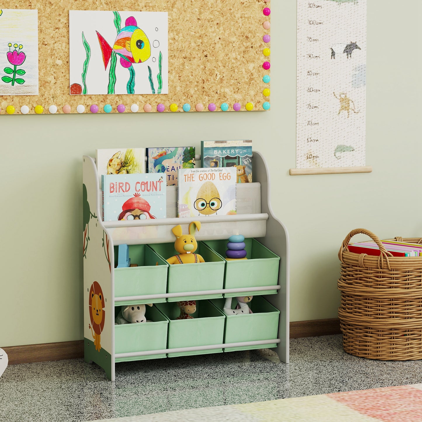 Kids Storage Unit with 6 Fabric Drawers & 2-Tier Sling Book Rack – Star Pattern, Rounded Corners, EN71 Tested, For Bedroom, Playroom & Nursery – Green
