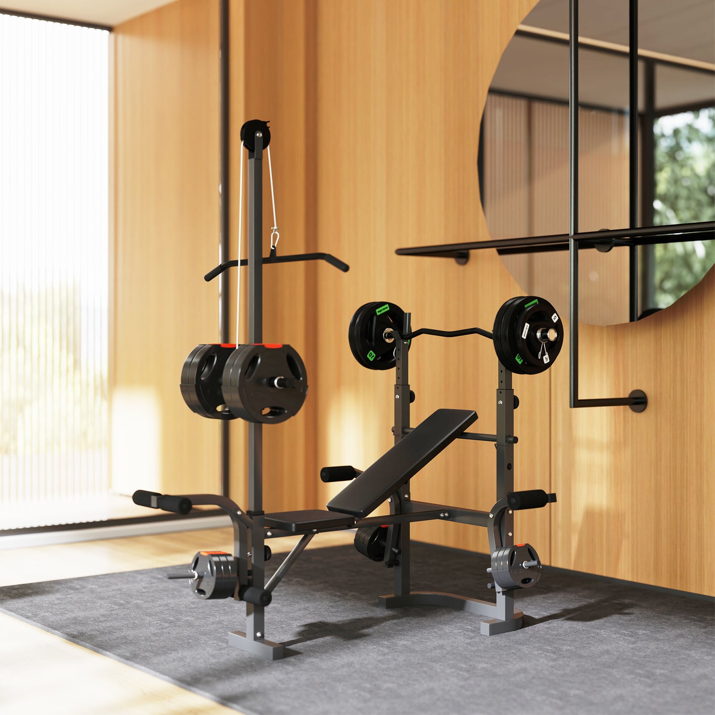 Adjustable Weight Bench with Bench Press Rack, Preacher Curl Leg Extension and Lat Pull Down Machine, Incline or Flat Workout for Strength Training Weight Lifting