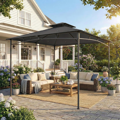 3x3m Garden Gazebo | Double-Tier Roof | UPF 50+ Waterproof | Rust-Resistant Metal Frame | 6-8 People | Dark Grey