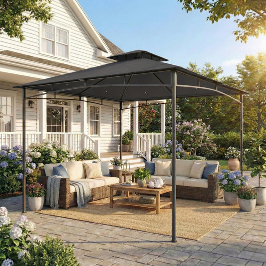 3x3m Garden Gazebo | Double-Tier Roof | UPF 50+ Waterproof | Rust-Resistant Metal Frame | 6-8 People | Dark Grey