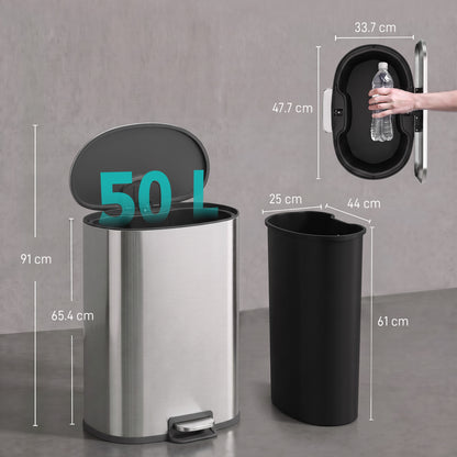 50L Kitchen Pedal Bin | Brushed Stainless Steel Silver Tone | Soft-Close & Stay-Open Lid | Removable Bucket, Bag Retainer & Deodoriser Compartment