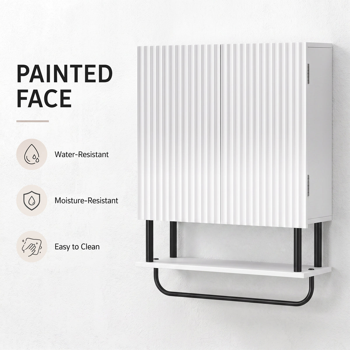 Bathroom Wall Cabinet | Double Doors | Open Shelf & Towel Rail | Wavy Door Style | Humidity-Resistant Painted MDF | 49 x 18 x 66cm | 30kg Capacity | Space-Saving Wall-Mounted | White