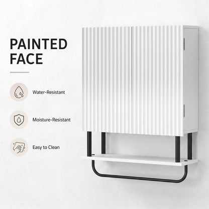 Bathroom Wall Cabinet | Double Doors | Open Shelf & Towel Rail | Wavy Door Style | Humidity-Resistant Painted MDF | 49 x 18 x 66cm | 30kg Capacity | Space-Saving Wall-Mounted | White