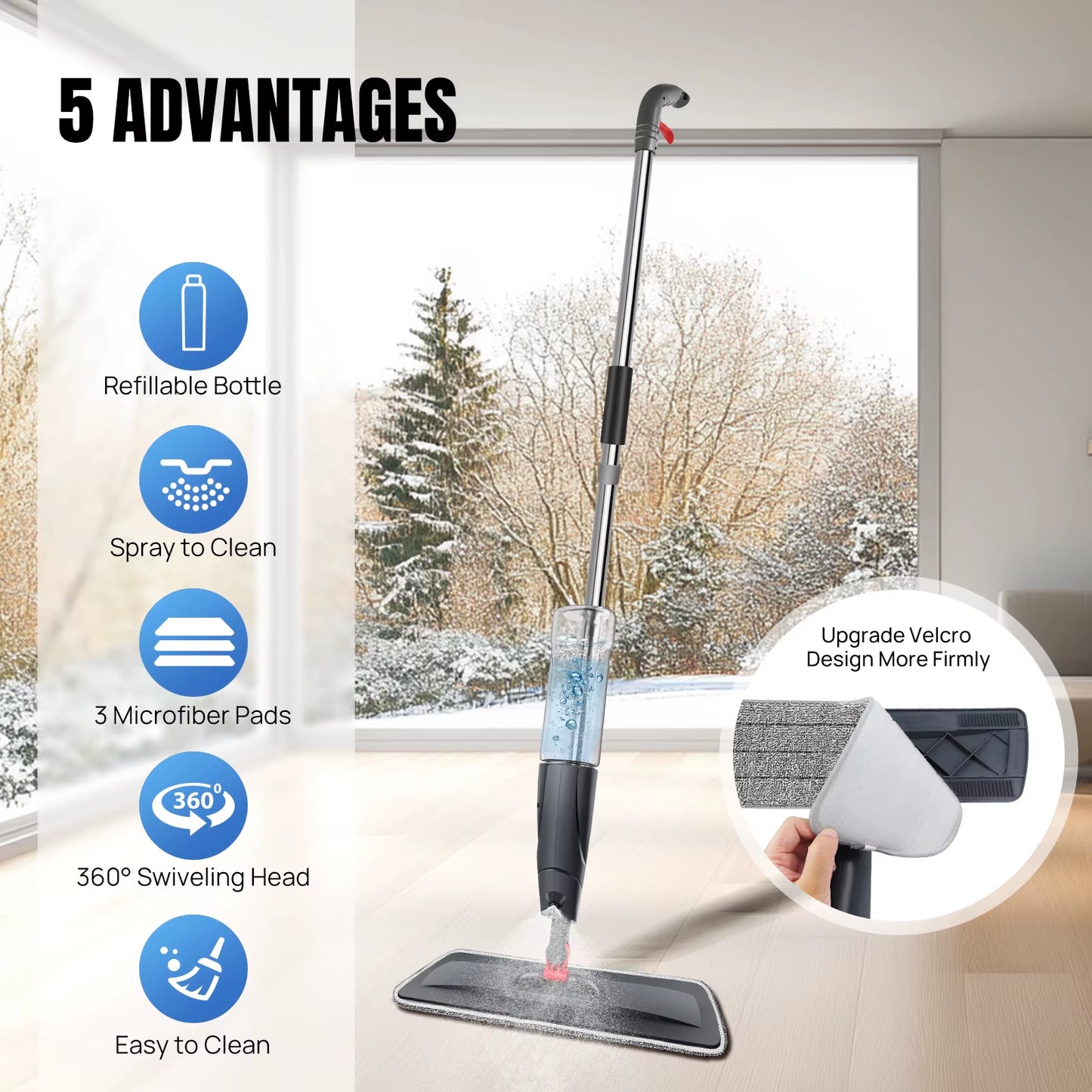 Wet and Dry Spray Mop Floor Wiper with Spray Function with 3 Wiper Pads and Window Scraper, 360° Rotating Mop 700Ml