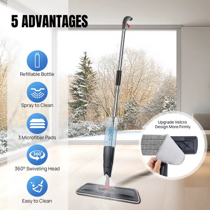Wet and Dry Spray Mop Floor Wiper with Spray Function with 3 Wiper Pads and Window Scraper, 360° Rotating Mop 700Ml