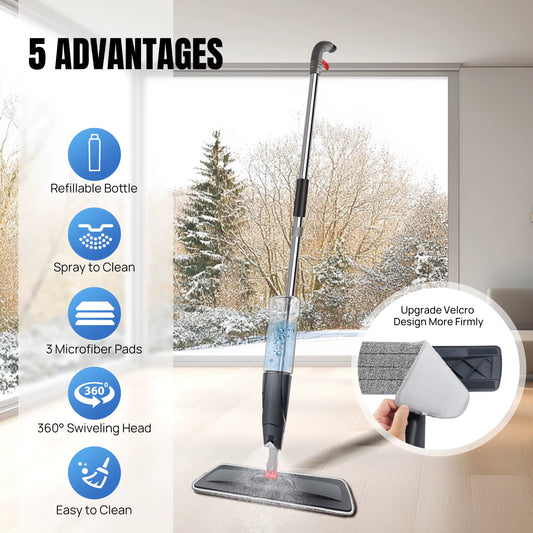 Wet and Dry Spray Mop Floor Wiper with Spray Function with 3 Wiper Pads and Window Scraper, 360° Rotating Mop 700Ml