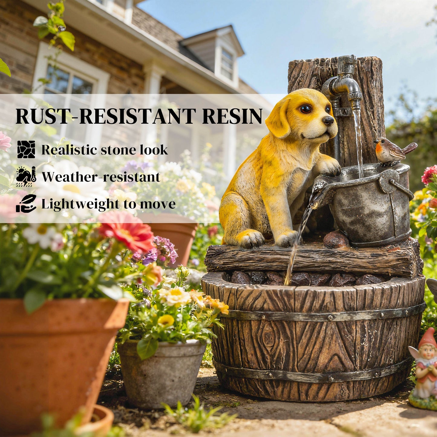 3-Tier Resin Garden Fountain | Hand-Painted Puppy & Bird Design | Warm LED Lights | 3-Speed Adjustable Pump | 5W | 230V | 3m Cable | 35x36x56cm | Garden & Patio | Rustic Brown & Yellow