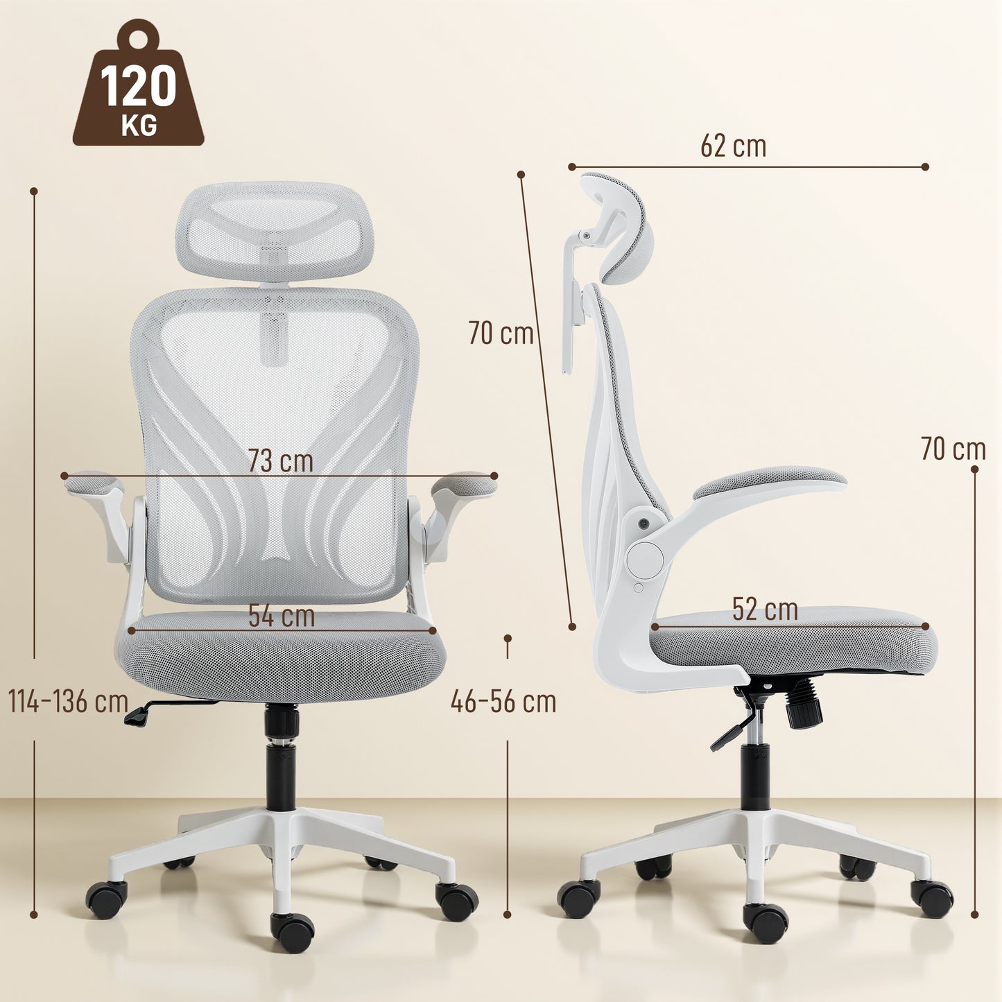 Ergonomic Office Chair with Foldable Backrest, 2D Headrest - Light Grey