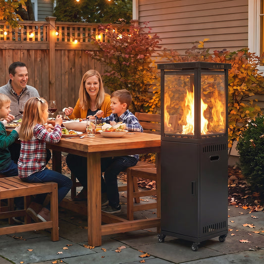 13kW Gas Patio Heater | Propane & Butane | Stepless Control | Piezo Ignition | Tempered Glass Wind Guard | 45° Tilt Shut-Off | Lava Rocks | 4 Wheels (2 Lockable) | 30m² | 46x46x137cm | Black