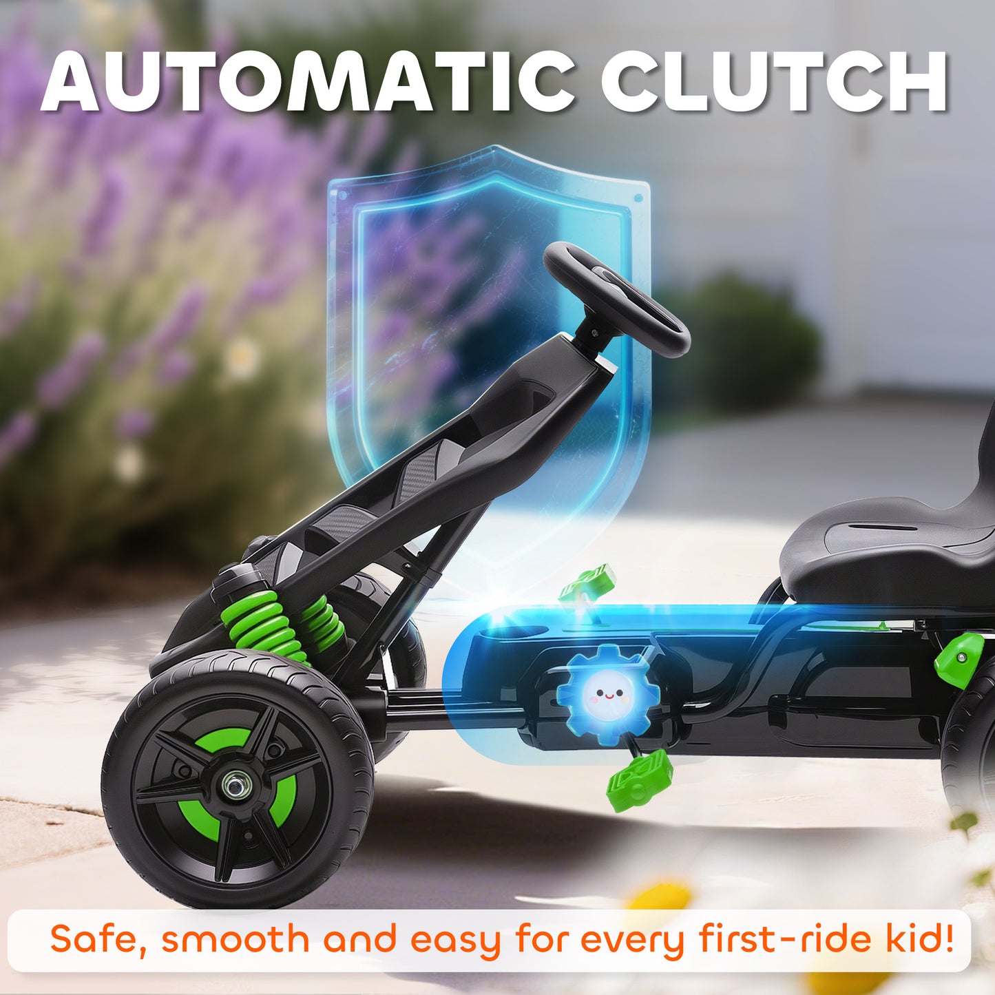 AIYAPLAY Pedal Go kart for Kids Ages 3-6 Years, with Automatic Clutch, Brake, EVA Anti-Slip Wheels, Green / Red / Pink / Blue