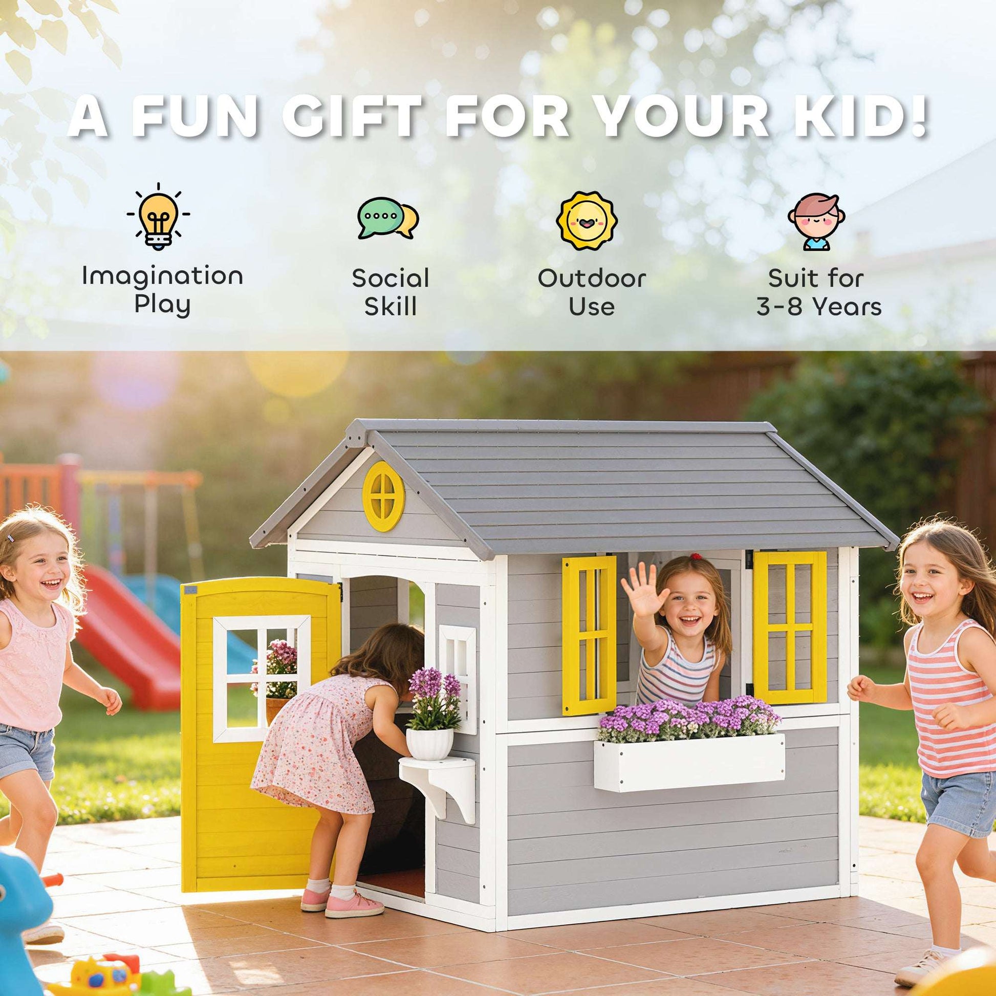 Solid Fir Wood Kids Outdoor Playhouse | Openable Windows | Planter Boxes & Plant Pots | Sloped Roof | EN71 Certified | Ages 3-8 | 135x114x126cm | Grey Yellow & White