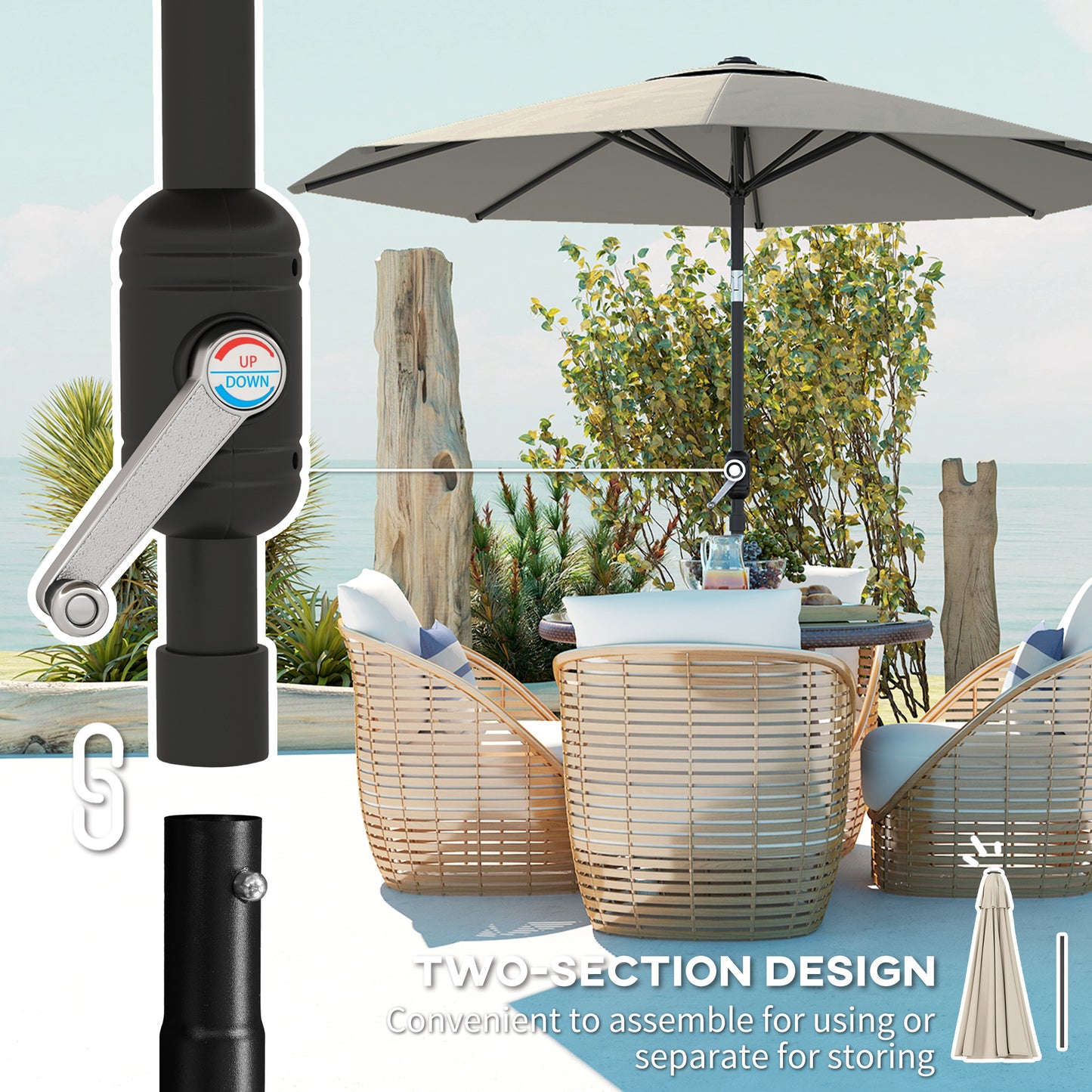 Outsunny 2.7M Garden Parasol Umbrella with Tilt and Crank, Outdoor Sun Parasol Sunshade Shelter with Aluminium Frame, Light Grey