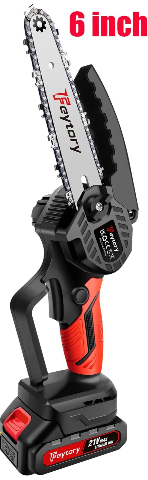 Feytory Mini Chainsaw Cordless 6 Inch With Large LI-ion Battery, Powerful Electric Chainsaw With 2 Chains And Security Lock Saw