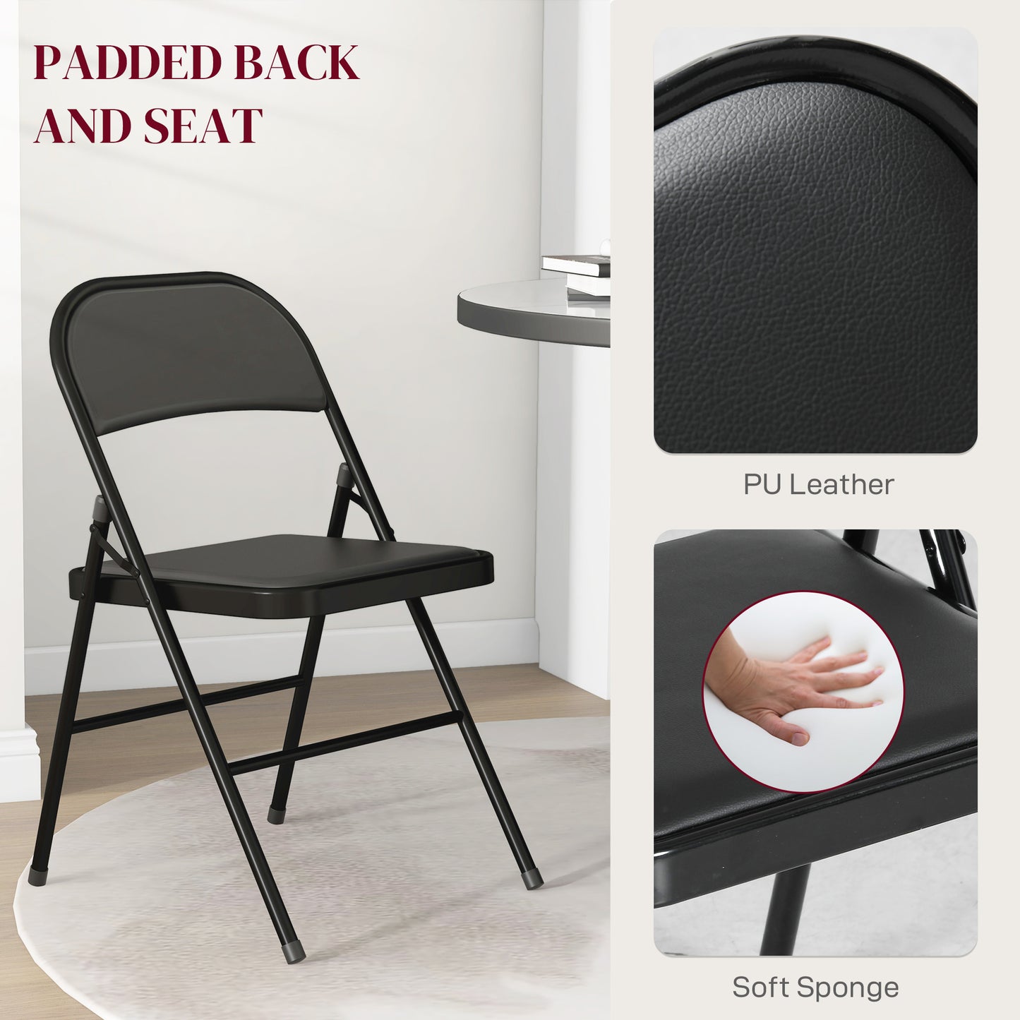 Padded Folding Chairs Set of 2 PU Leather Foldable Chairs W/ Cushioned Seat, Metal Frame for Home Office Dining Computer Desk Reception Room Black